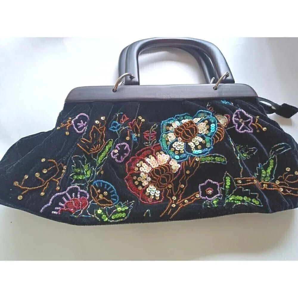 Vintage Style Satchel Purse Wood Handle Black & Multi Colored Beaded Hand Sewn